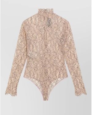 Valentino Lace High Neck Floral Sheer Top - Natural