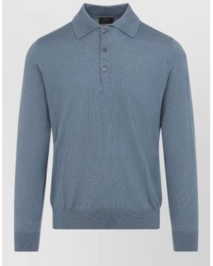 Brioni Cashmere Silk Long Sleeve Polo Shirt - Blue
