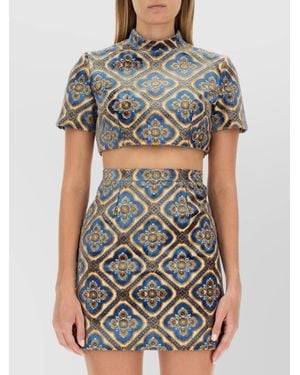 Etro Velvet Abstract-Print Mock-Neck Cropped Top - Gray