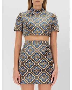 Etro Velvet Abstract-Print Mock-Neck Cropped Top - Gray