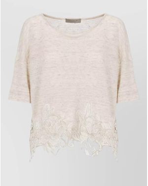 D.exterior Crewneck Top Lace Hem Short Sleeves - White