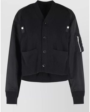 Sacai Cotton Blend Cropped Cardigan Contrast Panels - Black