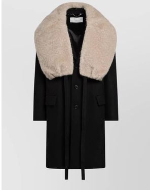Dries Van Noten Long Jacket Faux Fur Collar Pockets - Black