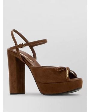Miu Miu Suede Sandals Block Heel Platform Ankle Strap - Brown