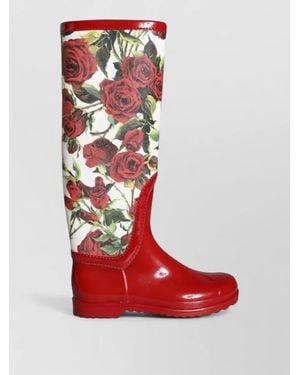 Dolce & Gabbana Floral Rubber Knee-High Flat Boots - Red