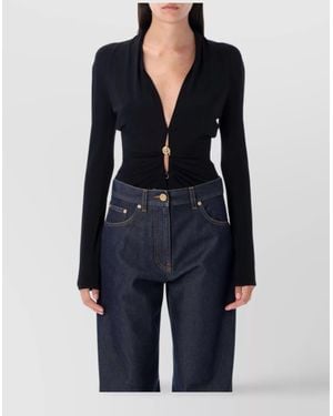 Versace Deep V Neck Pin Draped Bodysuit - Blue