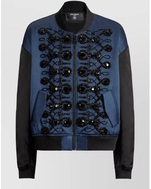 Balmain Embroidered Satin Bomber Jacket - Blue