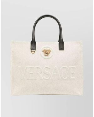 Versace Cotton Calfskin Tote Bag With Top Handles - Natural
