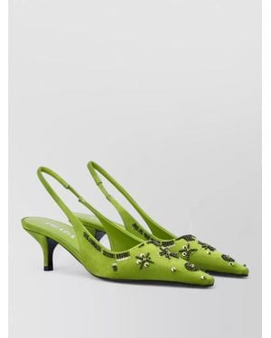 Prada Embroidered Satin Slingback Pumps - Green