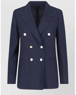 Lardini Double Breasted Blazer Long Sleeves Notched Lapels - Blue