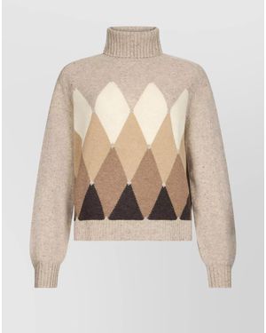 Ballantyne Turtleneck Argyle Knit Pullover With Long Sleeves - Natural