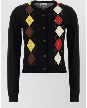 Ganni Cotton Cardigan Argyle Pattern Ribbed Cuffs Hem - Blue