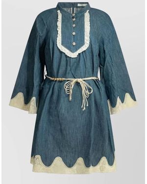 Zimmermann Awaken Lace Dress Button Detail Belt - Blue
