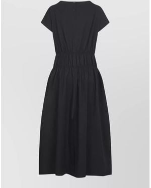 Studio Nicholson Cotton Ruched Waisted Panelled Boat Neck Short Sleeve Flared Midi Dress - Black