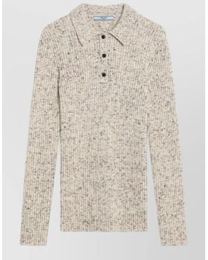 Prada Knit Polo Shirt Long Sleeve Ribbed - Natural