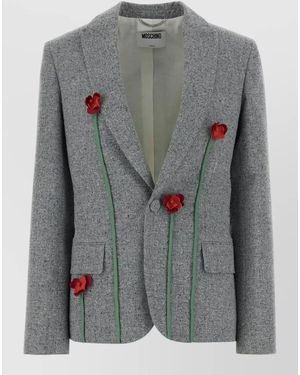 Moschino Silk Blend Blazer Single Breasted Floral Appliqués - Grey