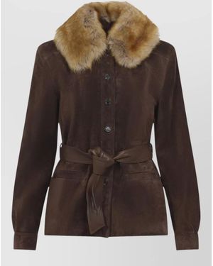 Saint Laurent Leather Jacket Belt And Shearling Collar - Brown