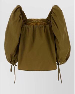 Saint Laurent Jersey Blouse Puff Sleeves Square Neckline Ties - Green