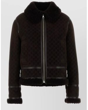 Gucci Shearling Collar Leather Trim Jacket Pockets - Black