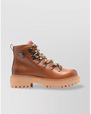 Prada Lace-Up Leather Ankle Boots - Brown
