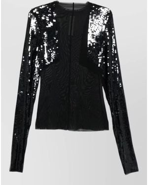 Rick Owens Dennis Mesh Sequin Sleeve Stretch Top - Black