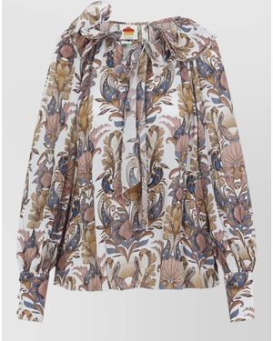 FARM Rio Blouse Floral Print Bow Detail Long Sleeves - White