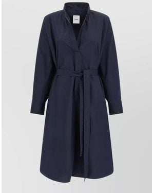 Nude Belted Shirt Dress Long Sleeves Neckline - Blue