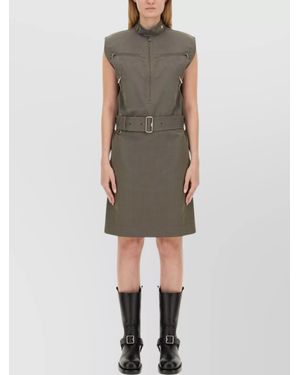 Burberry Linen Dress With Belted Waist And High Collar - Green