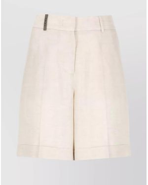 Peserico Linen Blend High Waist Shorts With Leather Detail - Natural