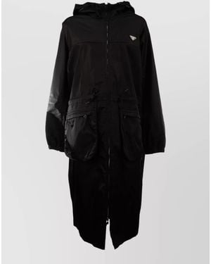 Prada Hooded Coat Elastic Cuffs Front Pockets - Black