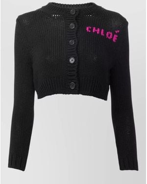 Chloé Cropped Logo Cotton Knit Long Sleeve Cardigan - Black