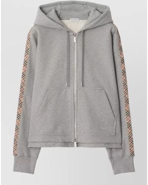 Burberry Check Detail Cotton Hoodie Patterned Sleeves - Grey