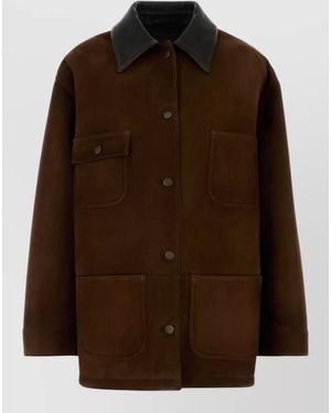 Prada Suede Jacket Long Sleeves Contrast Collar Pockets - Brown