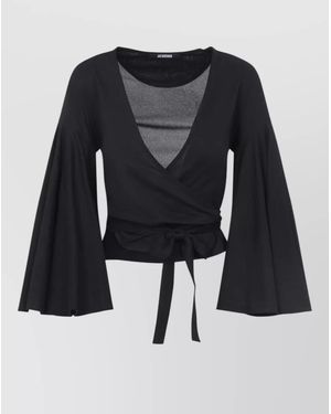Jacquemus Wrap V-Neck Long-Sleeve Cropped Blouse - Black