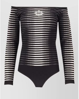 Elisabetta Franchi Off Shoulder Striped Long Sleeve Bodysuit - Black