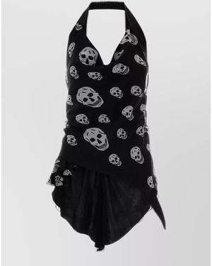 McQueen Skull Print Chiffon Halter Top Asymmetrical Hem - Black