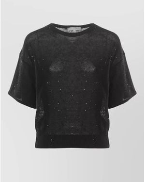 Antonelli Sequin Crewneck Cotton Sweater Short Sleeves - Black