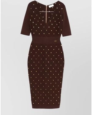 Elisabetta Franchi Dress V Neckline Fitted Waist Knee Length - Brown