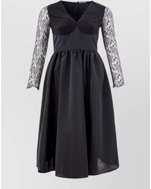 Lardini Polyester V-Neck Lace Long-Sleeve Midi Dress - Black