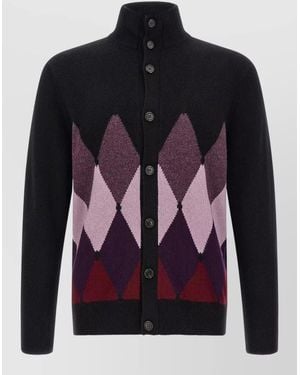 Ballantyne Cashmere Ribbed High Neck Diamond Intarsia Cardigan - Blue