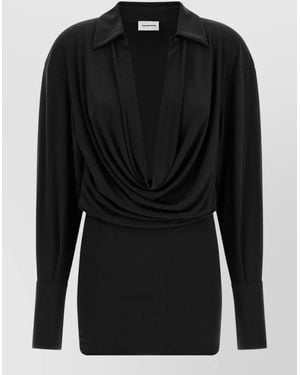 ANDAMANE Lilia Draped Top Long Sleeves Slits - Black