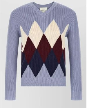 Ballantyne Argyle Motif V Neck Ribbed Sweater - Blue