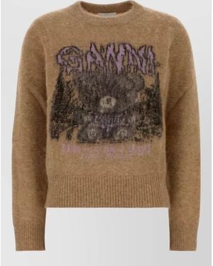 Ganni Alpaca-Blend Teddy Brushed Graphic Crewneck Jumper - Brown