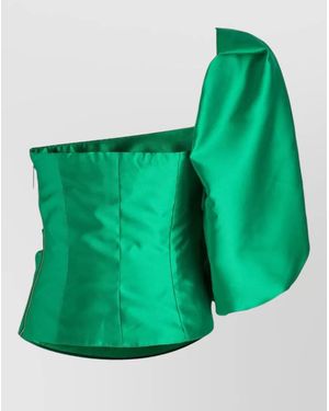 SIMONA CORSELLINI Satin Asymmetric Pleated Puff-Sleeve Blouse - Green