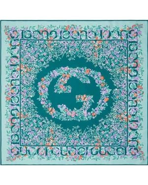 Gucci Silk Floral-Print Logo-Print Scarf - Blue