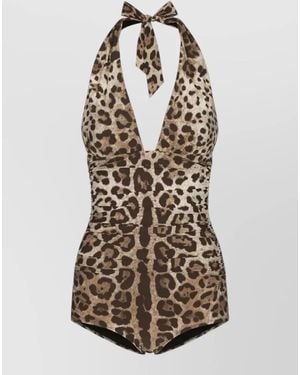 Dolce & Gabbana Deep Neckline One Piece Swimsuit Leopard - White