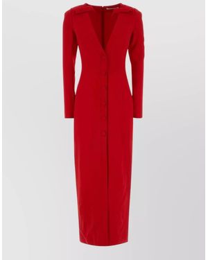 Alessandra Rich Cady Midi Dress Fitted V Neckline Long Sleeves - Red