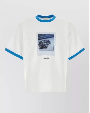 Versace Cotton Crew Neck T Shirt Graphic Trim - Blue