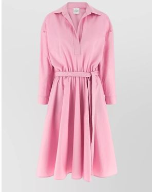Nude Shirt Dress Belted Waist Buttoned Pleated Skirt - Pink
