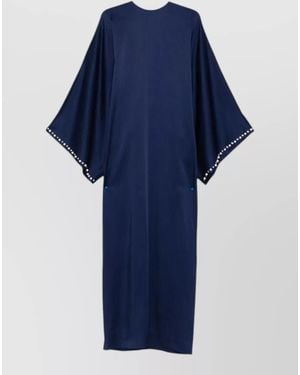Stella McCartney Maxi Dress Pearls Satin Round Neckline Sleeves - Blue